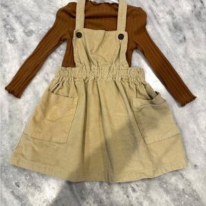 Tan Corduroy Pinafore Skirt with Brown Ribbed Top Set